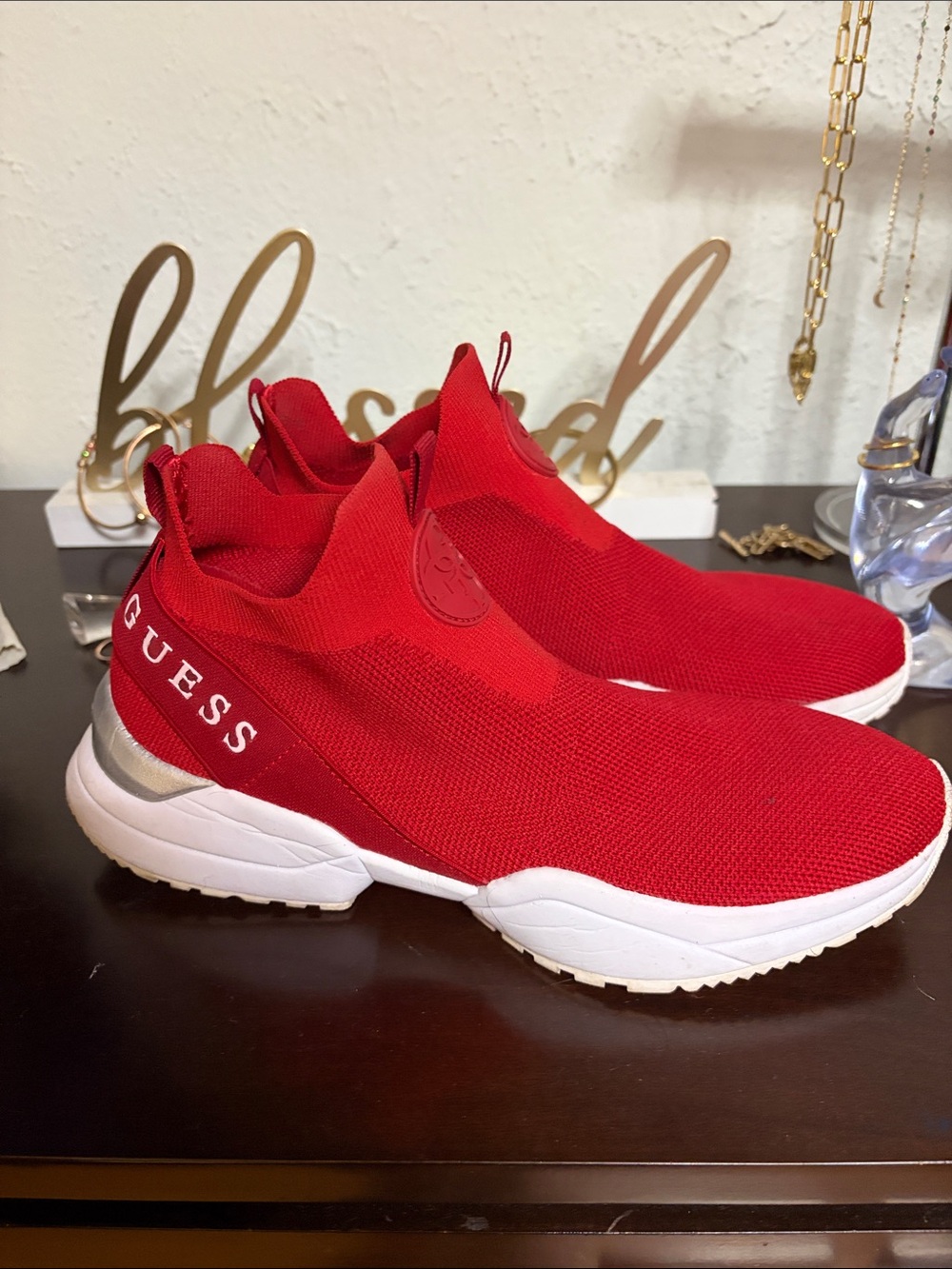 Guess Red Knit Slip-On Sneakers with White Sole